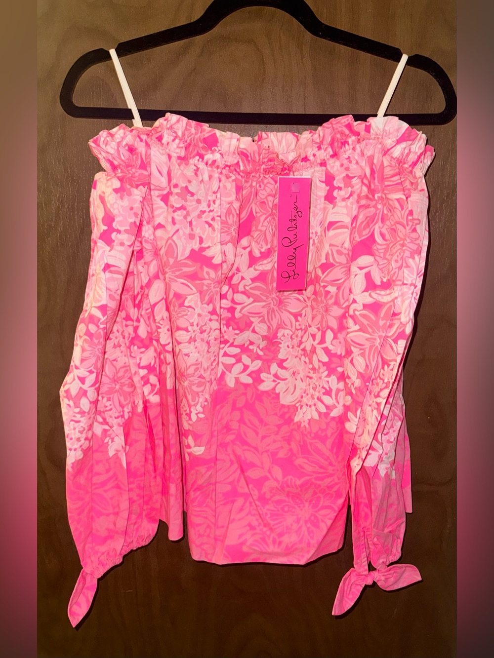 Lilly Pulitzer Pink Floral Off The Shoulder Cotton Blouse Tie Sleeve M NEW - Picture 3 of 6